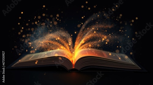 A book on a black background with glowing pages. The book has shiny pages. Children's literature. Books about magic