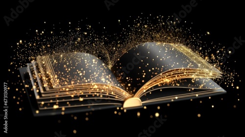 A magical open book on a dark background with glowing psges and miracle dust flying around photo