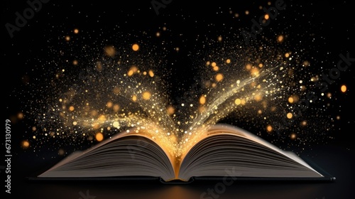 An open magic book with glowing pages