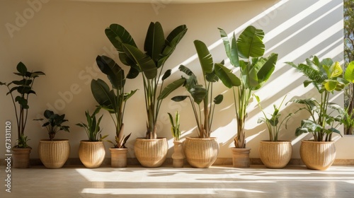 Potted palms against a white wall. Tropical background