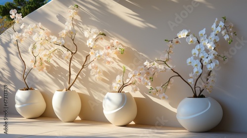 Potted orchid against a white wall. Tropical background