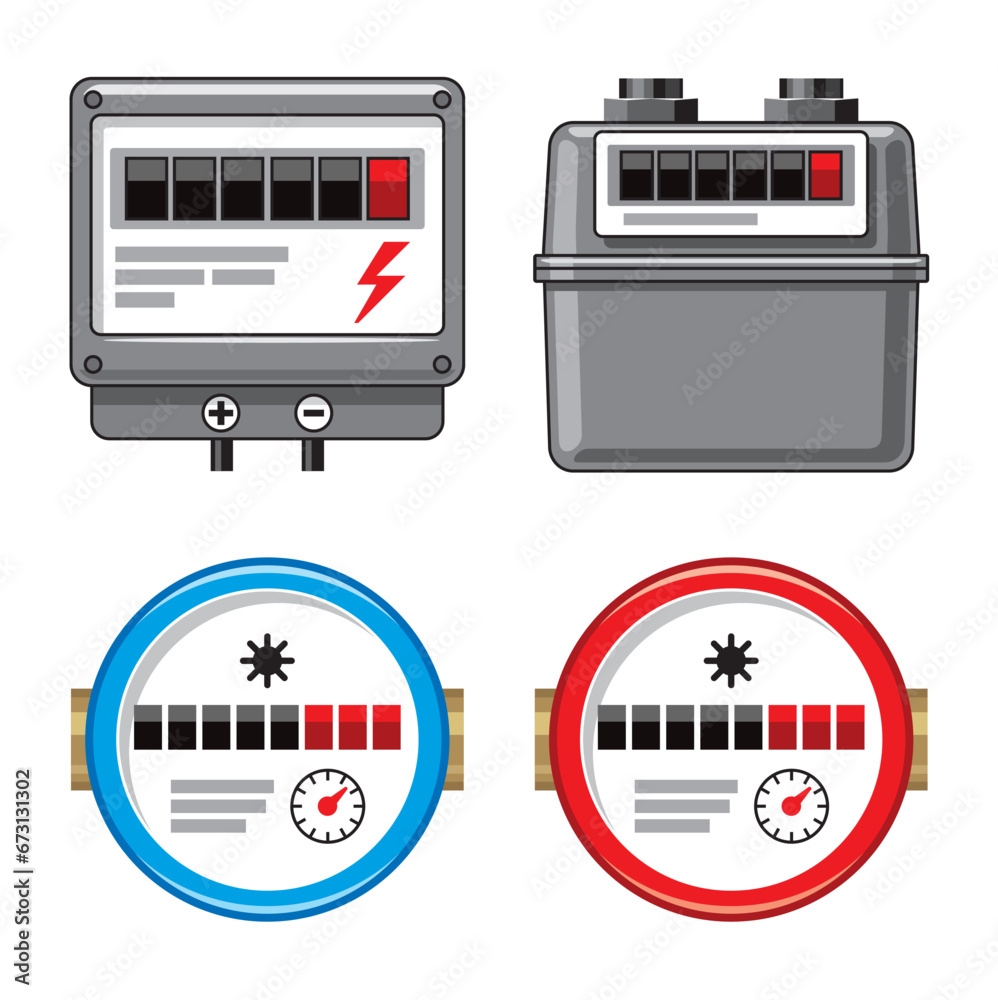 a set of images with electricity, gas and cold and hot water meters. Version without numbers. a set of images with electricity, gas and cold and hot water meters. Version without numbers.