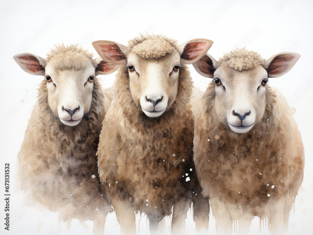 Cozy Watercolor Group Of Sheep Farm Farming