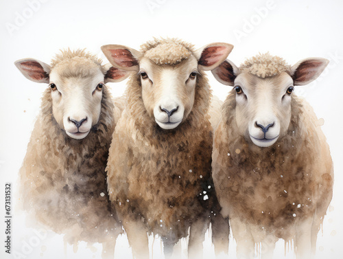 Cozy Watercolor Group Of Sheep Farm Farming
