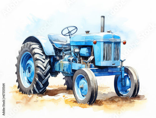 Cozy Watercolor Vintage Blue Tractor Farm Farming