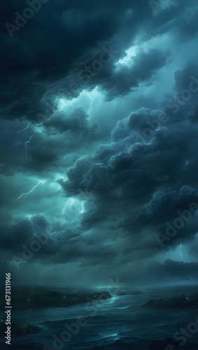 Black dark greenish blue dramatic night sky. Gloomy ominous storm rain clouds background. Cloudy thunderstorm hurricane wind lightning. Epic fantasy mystic. Or creepy spooky nightmare horror concept