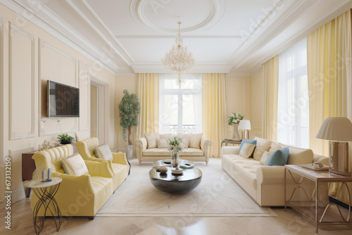 European interior design of a living room in an apartment house, warm colors, white yellow soft colors. AI Generative.