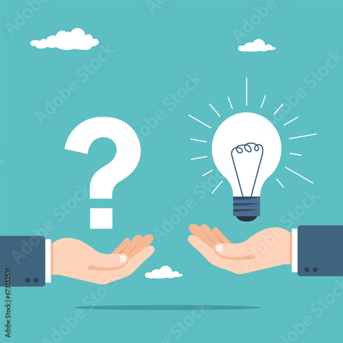 Holding a question mark sign and a light bulb solution is a businessman