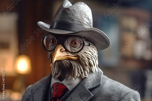 Rooster gentleman in a suit, tie, hat and glasses on a black background. AI generated. photo