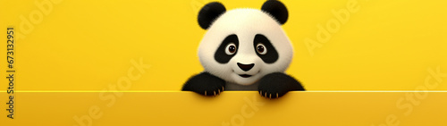  Banner with cute cartoon baby panda on isolated yellow background. Generative AI photo