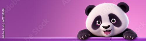 Banner with cute cartoon baby panda on isolated pink background. Generative AI photo