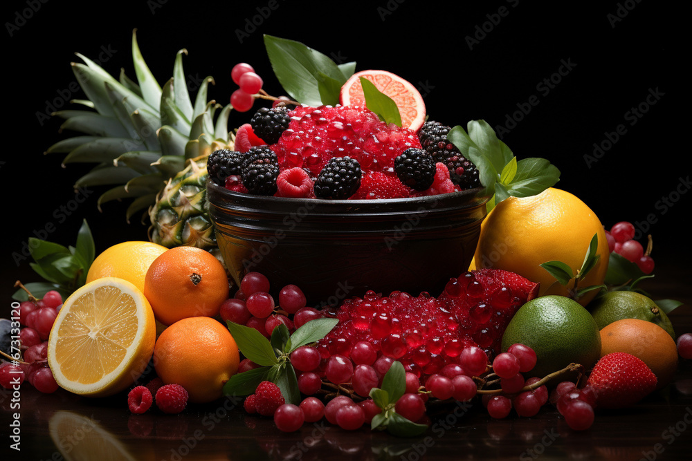 A stunning studio display of delicious and exotic fruits arrangement. Ai generated