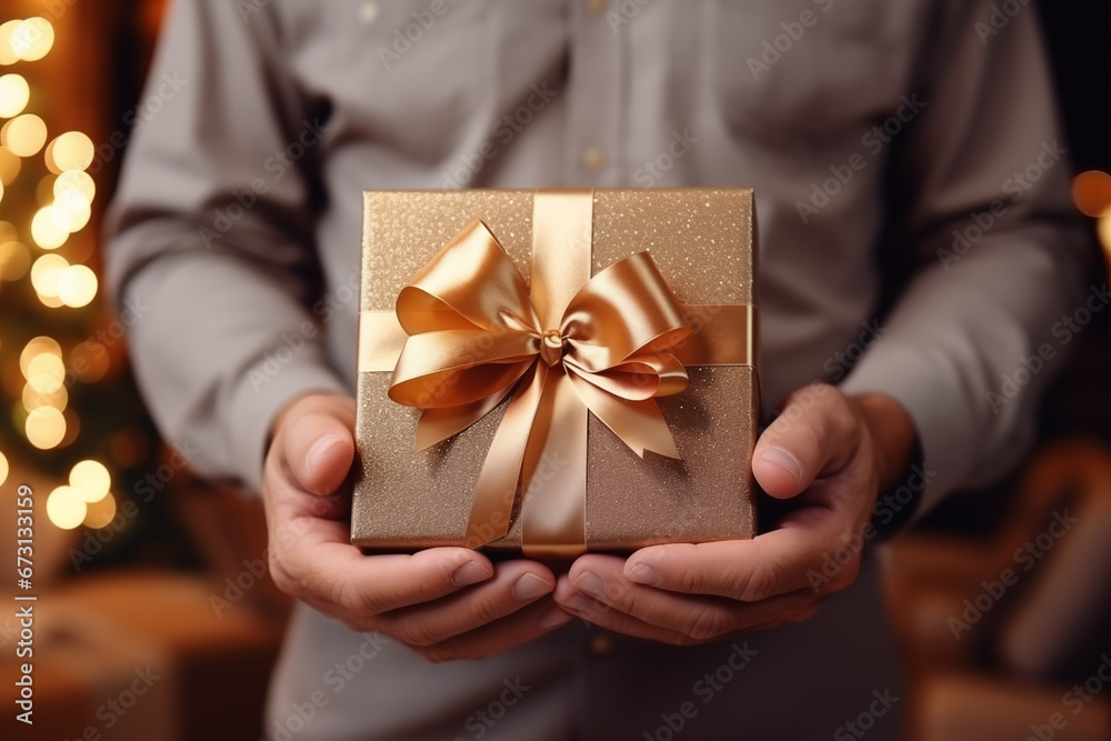 A guy in a shirt is holding a gift with a ribbon. Concept of family, holidays and gifts. AI generated content. A guy in a shirt is holding a gift with a ribbon. Concept of family, holidays and gifts. AI generated content.