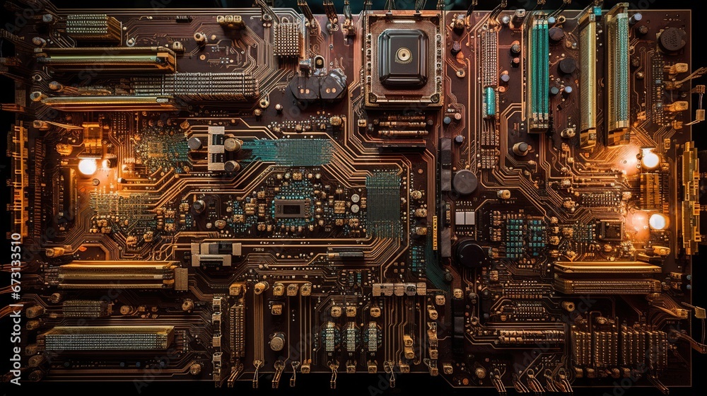 Electronic circuit intricate pathways, microcomponents, aesthetics technology micro scale. Photography, macro lens,