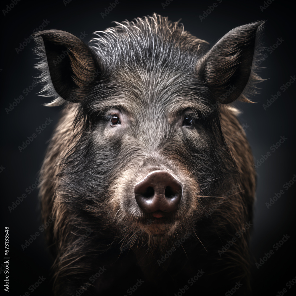 Close-up portrait of wild boar on black background. Minimalistic style. AI generated content. Close-up portrait of wild boar on black background. Minimalistic style. AI generated content.