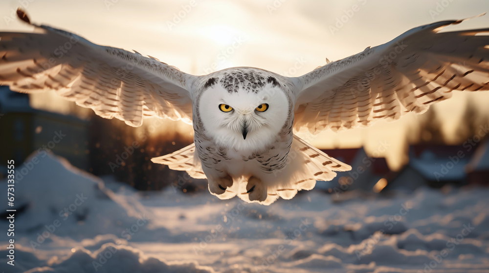 A snowy owl in flight on minimalistic natural background. AI generated content. - obrazy, fototapety, plakaty 