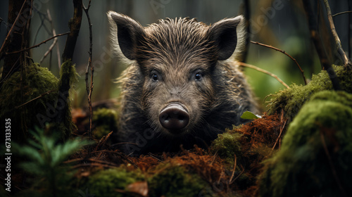 Portrait of wild boar on natural forest background. Minimalistic style. AI generated content. © Andrii
