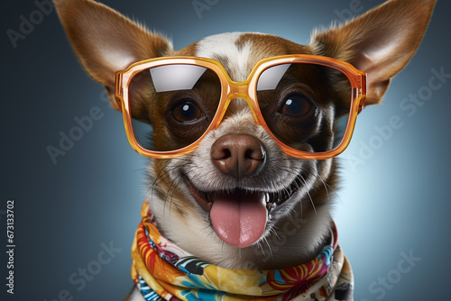A humorous studio portrait of a party dog pet with stylish sunglasses. Ai generated © dragomirescu