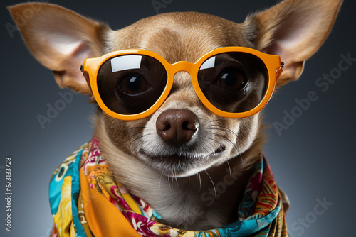 A humorous studio portrait of a party dog pet with stylish sunglasses. Ai generated © dragomirescu