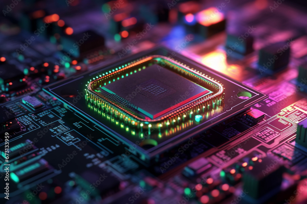 Detailed macro photo into information technology CPU chip core. A close up view of a motherboard procesor. Ai generated