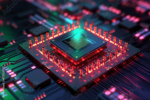 Detailed macro photo into information technology CPU chip core. A close up view of a motherboard procesor. Ai generated.