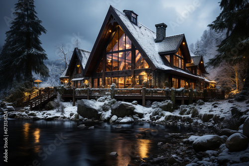 A tranquil retreat in the snow covered mountains. Experience the charm of a cozy wood cabin. Ai generated © dragomirescu