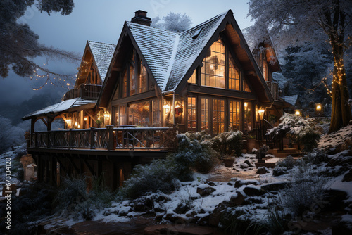 A tranquil retreat in the snow covered mountains. Experience the charm of a cozy wood cabin. Ai generated © dragomirescu