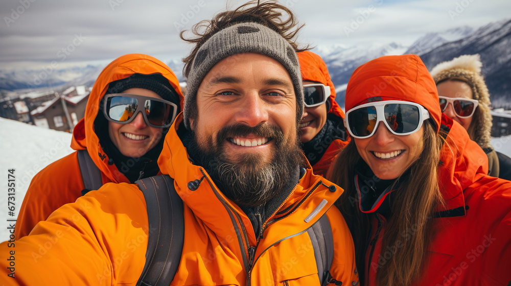 happy group of people in the mountains in winter happy group of people in the mountains in winter