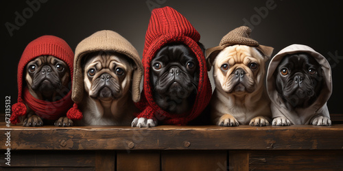 Funny cute pugs wearing Christmas and winter hats photo