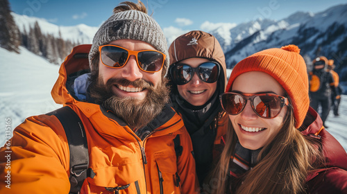 happy group of people in the mountains in winter