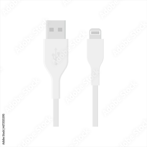usb cable flat design vector illustration isolated on white background. Connectors and sockets for PC and mobile devices. Computer peripherals connector or smartphone recharge supply
