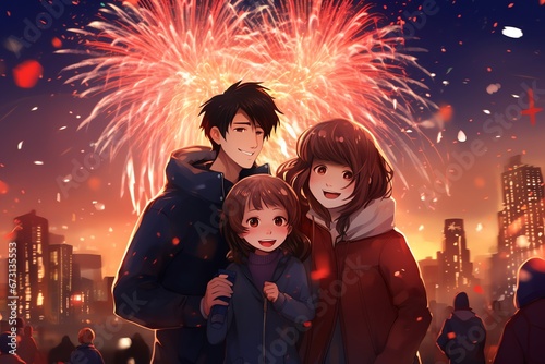 a family celebrates new year in the city with fireworks in the background, anime style illustration