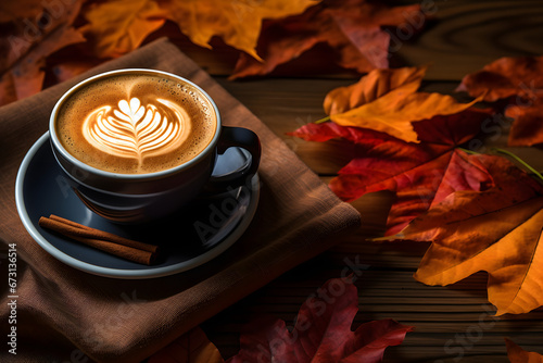 Autumn background with a cup of hot aromatic coffee on a wooden table surrounded by autumn leaves and a rug.