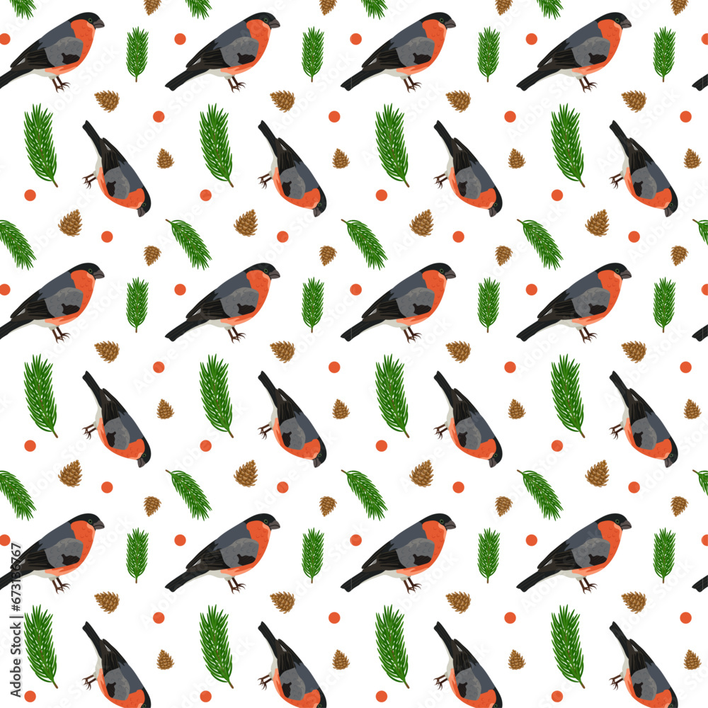 Seamless print with birds. Bullfinch with a red breast. Green spruce branches. Brown cones and red circles on a white background. Winter vector flat cartoon illustration for wallpaper. Wrapping paper. Seamless print with birds. Bullfinch with a red breast. Green spruce branches. Brown cones and red circles on a white background. Winter vector flat cartoon illustration for wallpaper. Wrapping paper.
