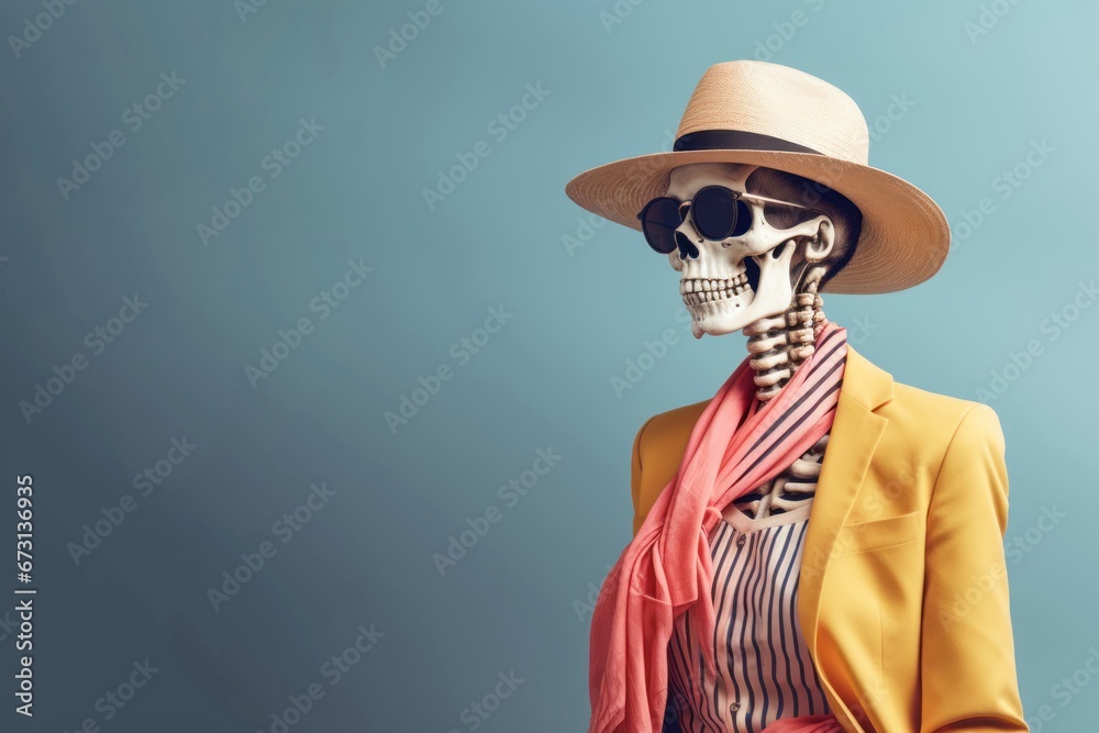 Stylish human skeleton model posing in trendy clothes, glasses and hat. Fashionable female skeleton dressed in yellow red attire against a light gradient background, with copy space. Close-up. Stylish human skeleton model posing in trendy clothes, glasses and hat. Fashionable female skeleton dressed in yellow red attire against a light gradient background, with copy space. Close-up.