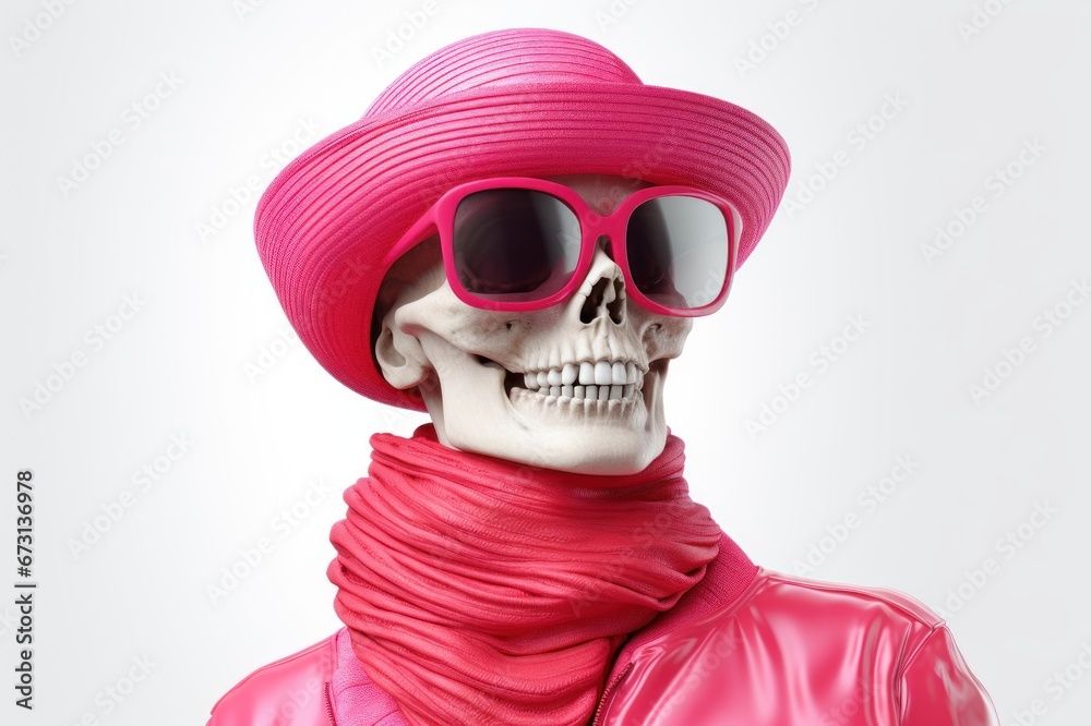 Fashionable female human skeleton model in stylish clothes, sunglasses and hat in trendy color combinations. On a white background. Glamorous skeleton, dressed in pink clothes Fashionable female human skeleton model in stylish clothes, sunglasses and hat in trendy color combinations. On a white background. Glamorous skeleton, dressed in pink clothes