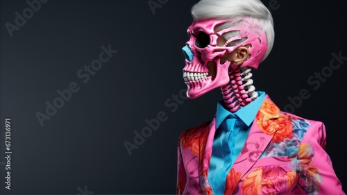 Stylish human skeleton model posing in trendy clothes, glasses and hat. Fashionable skeleton dressed in pink blue attire against a dark background. Close-up.