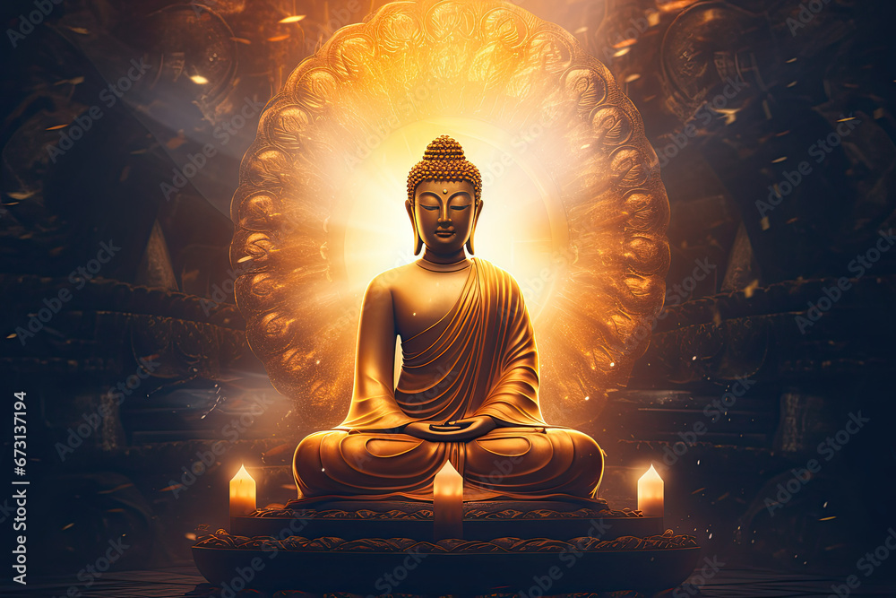 Glowing golden buddha in heaven light - obrazy, fototapety, plakaty 
