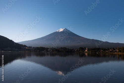 Landscape of Fuji Mountain. Iconic and Symbolic Mountain of Japan. Scenic Sunrise Landscape of Fujisan at Morning Time, Kawaguchiko, © siwarit01