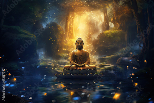 Glowing golden buddha in heaven light