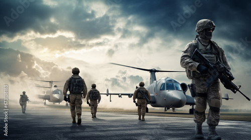 Portrait of courageous military men with gun and helicopter.