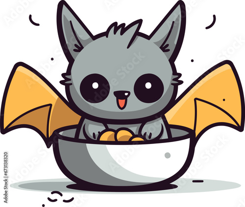 Cute cartoon cat with a bowl of food. Vector illustration.