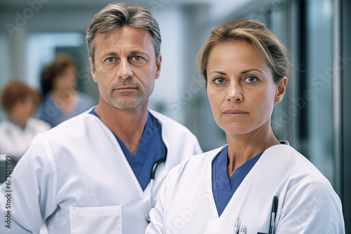Dentists  man and woman looking seriously at the camera in a clinic in their working clothes