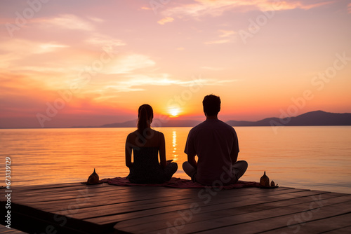 A serene moment of meditation and relaxation for couples  signifying the importance of inner peace in relationships  creativity with copy space