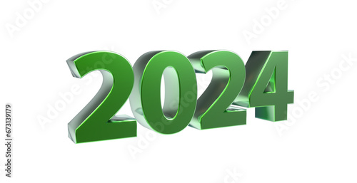 2024 plakative grüne 3D-Schrift, 3d, exklusiv, metallisch, edel, Jahreswechsel, Kalender, Neujahr, Datum, Freisteller, Alphakanal, Rendering 