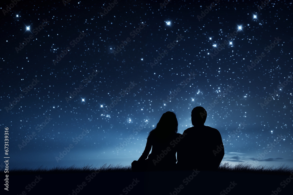 A couple stargazing under a sky filled with twinkling stars, representing the vastness of their love, creativity with copy space