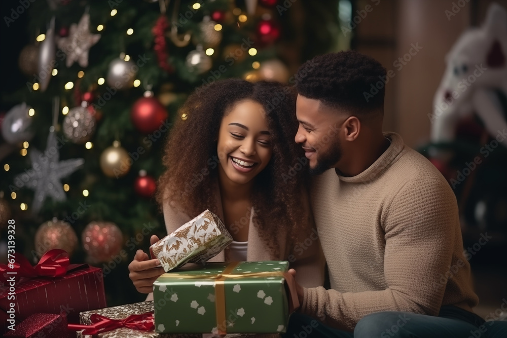 A loving pair exchanging gifts under a beautifully decorated Christmas tree, embodying the spirit of holiday love, creativity with copy space A loving pair exchanging gifts under a beautifully decorated Christmas tree, embodying the spirit of holiday love, creativity with copy space