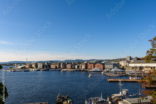 Oslo, Norway: Aerial view of bay Pipervika and waterfront of district Aker Brygge photo
