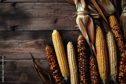 Colorful traditional native american indian apache corn cobs on old wooden background