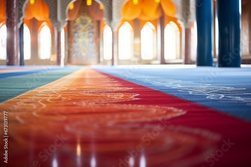 A beautiful mosque carpet with vibrant colors, representing the place of prayer, creativity with copy space © Лариса Лазебная